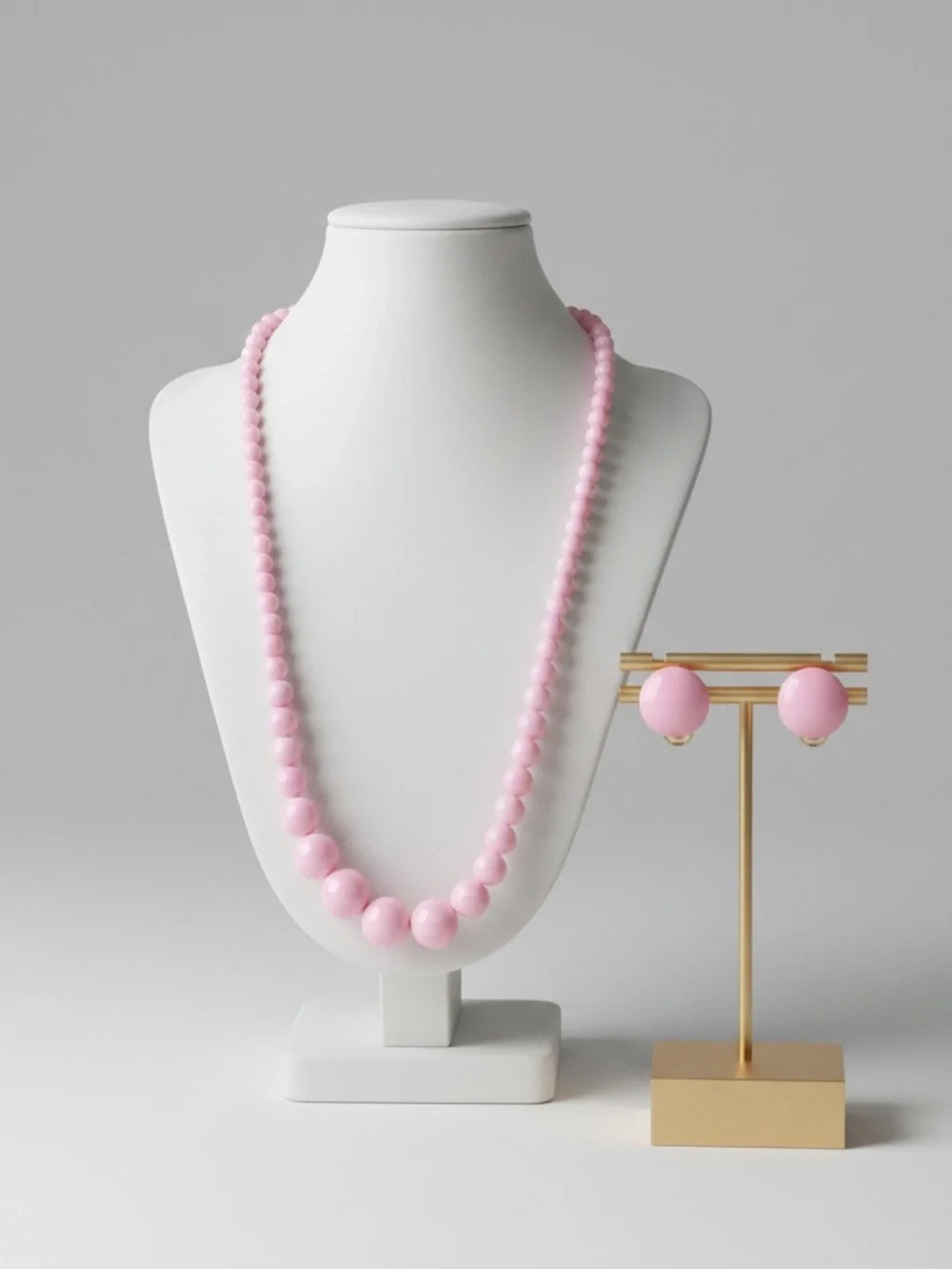 Vtg 1960s Pink Pearlescent Bead Necklace & Clip On Earrings Set Hong Kong